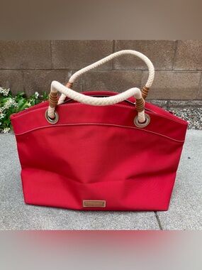 Nautical Red Canvas Carryall Tote with Rope Handles and Top Zipper